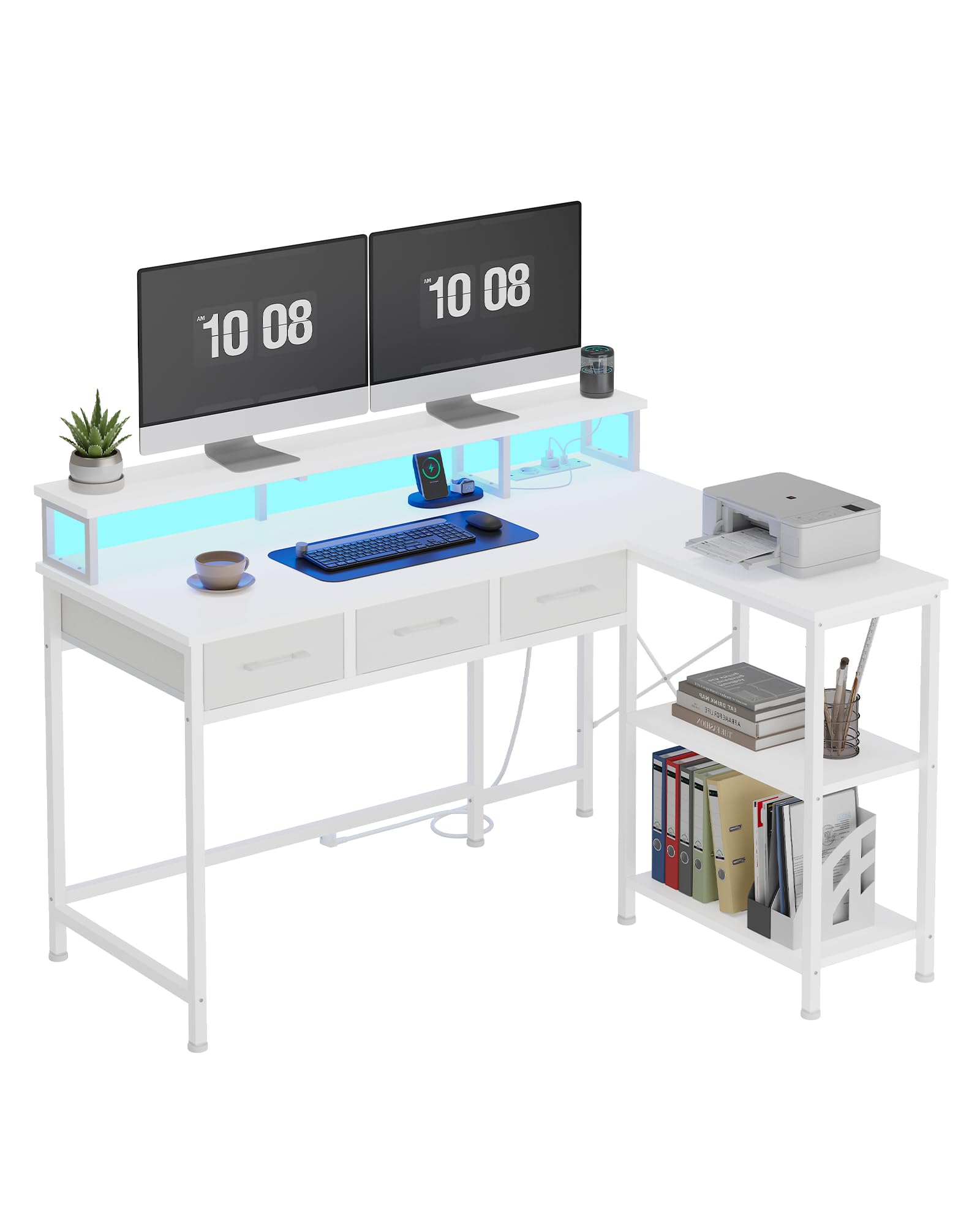 KIMENICH Mesa para Ordenador, Escritorio, Mesa Gaming con LED, 3 Cajones, Escritorio Gaming con Enchufe, Mesa de Oficina con Soporte para Monitor, Mesa para PC, Estantes Ajustables, 120 cm, Blanco