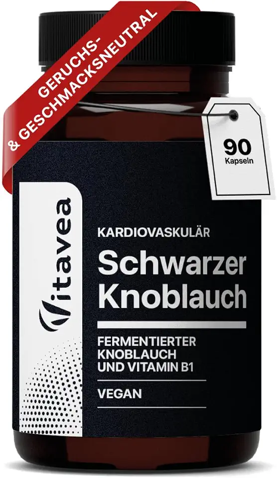 Schwarzer Knoblauch 9000 mg (30:1 Extrakt) + Vitamin B1, Hochdosiert, Geruchsneutral, 90 vegane Kapseln, 45 Tage Vorrat - Laborgeprüft, Ohne Zusatzstoffe – Vitavea