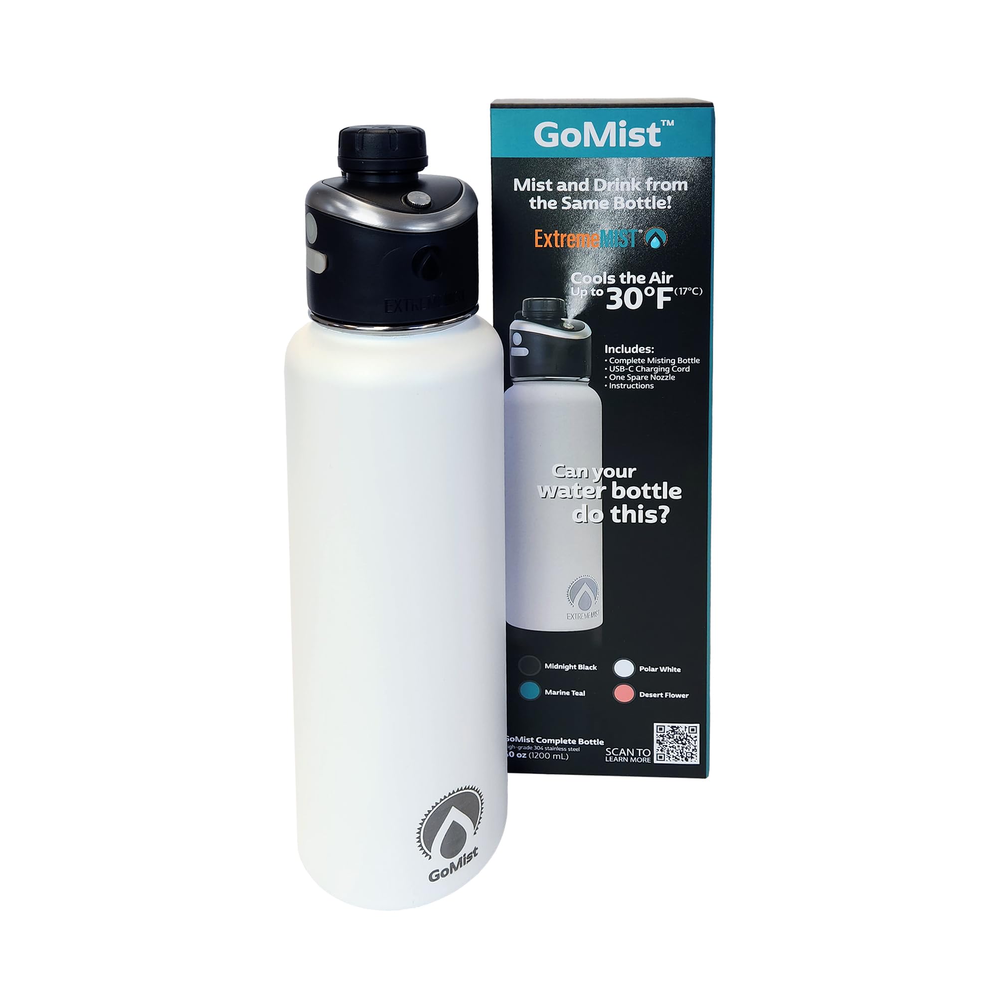 GoMist Misting & Drinking Bottle | Rechargeable Mist & Sip Water Bottle | Quick Charge USB-C Port | 2-Speed Mist Function | Stainless-Steel Double