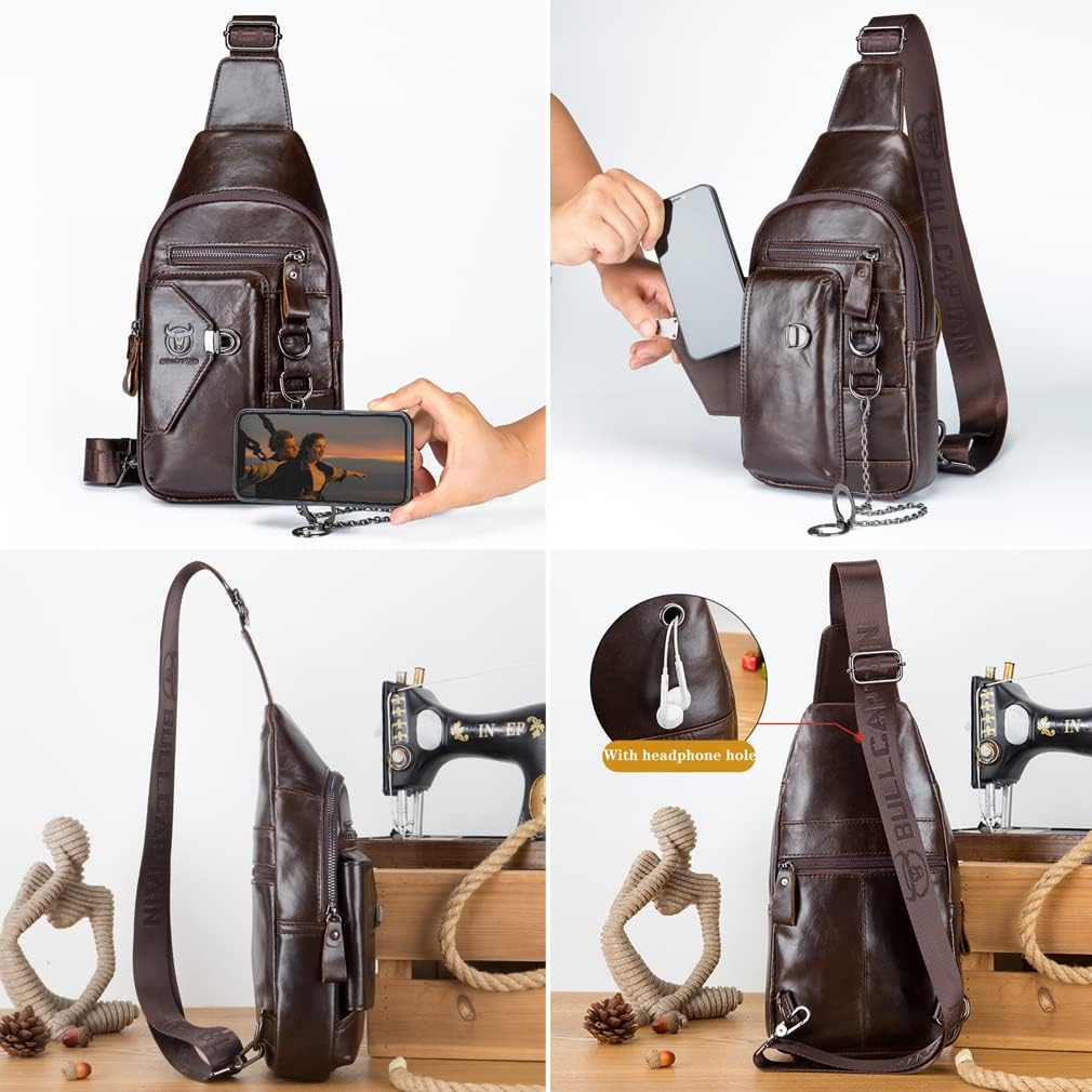 KPYWZER Vintage Leather Sling Bag Backpack for Men Crossbody Shoulder Chest Day Pack Backpacks