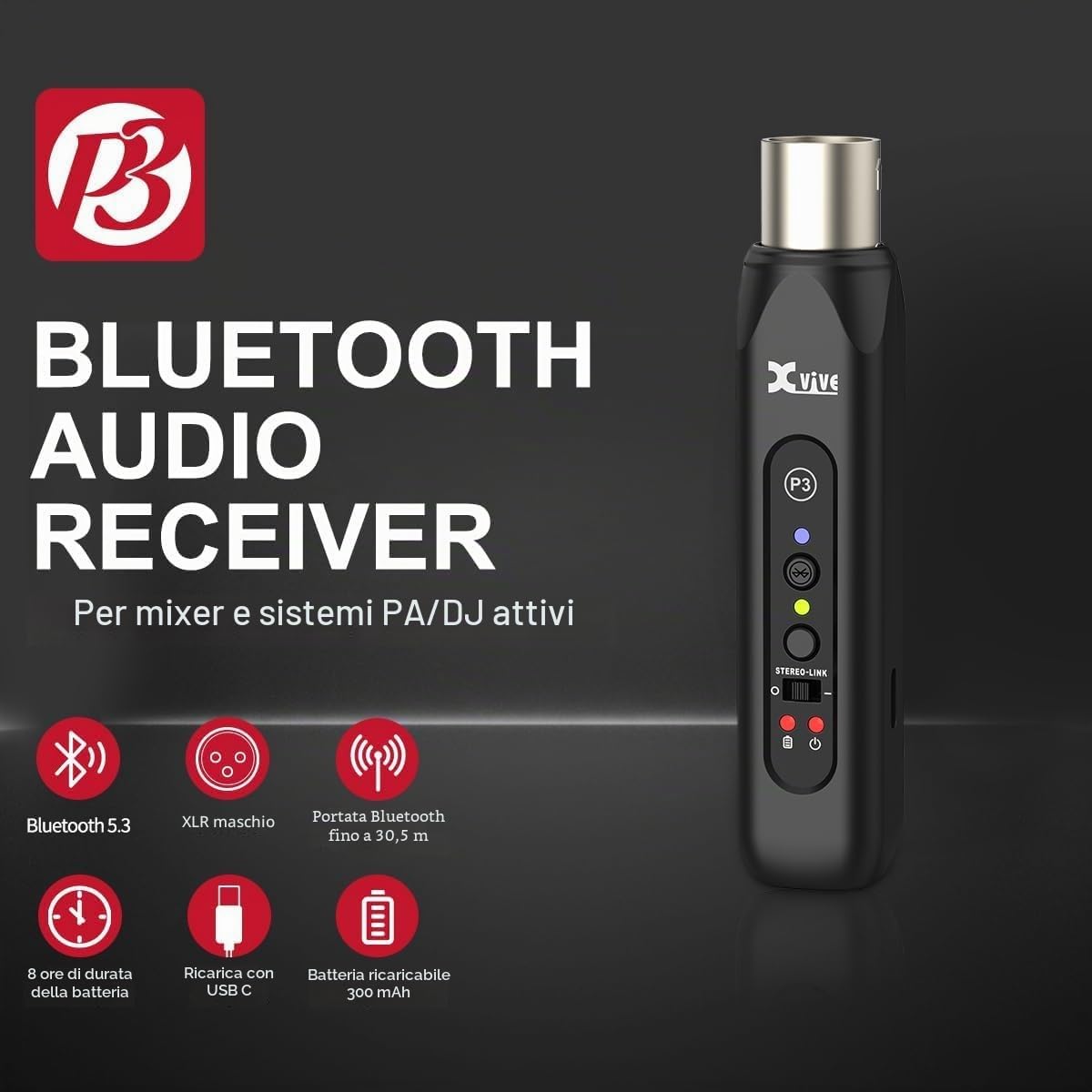 Xvive P3 Ricevitore Bluetooth XLR per Mixer Audio, Sistemi PA Attivi e DJ