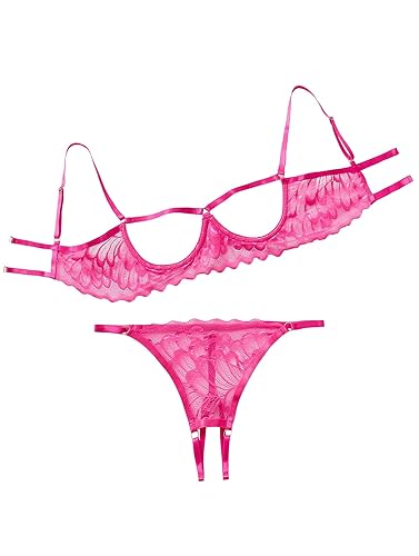 Lilosy Sexy Underwire Floral Lace Sheer Lingerie Set for Women See Through Bra and Panty 2 Piece - 3X-Large - Hot Pink