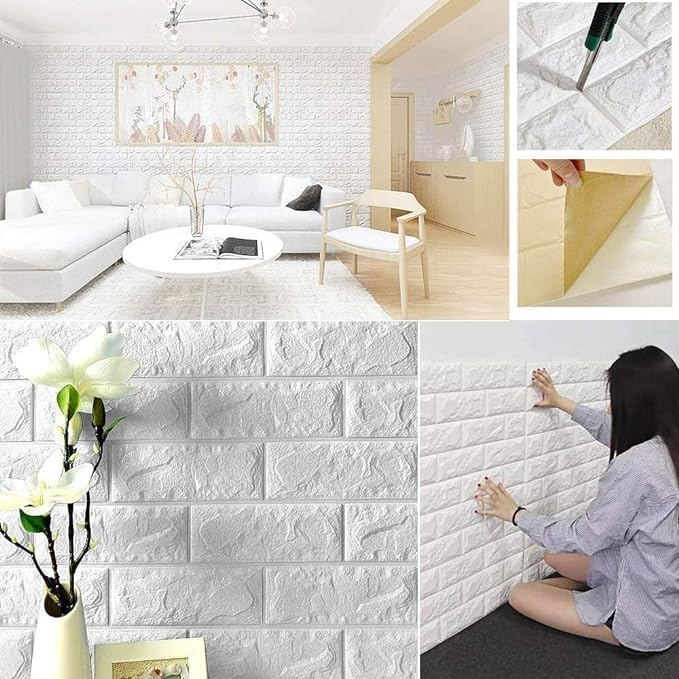 Image of STL 3D Brick Wallpaper Self Adhesive PE Foam Wall Sticker Waterproof DIY Wall Decor for Home Kitchen Bedroom Office (70 x 77 cm White-Pack of 15)