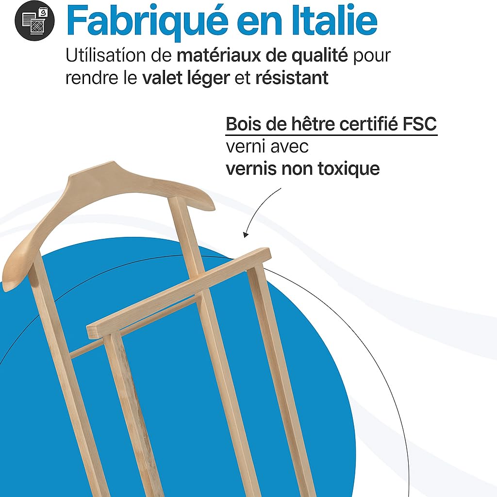 Tomaino Valet De Chambre Bois, Portant Vetement Solide à Roulettes, Valet De Nuit, Chevalet Vetements Pour Chambre - Ambrogio