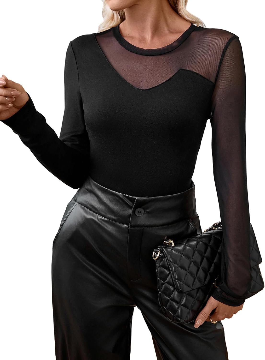 Women Asymmetrical Tops Round Neck Mesh Contrast Fitted T-Shirt