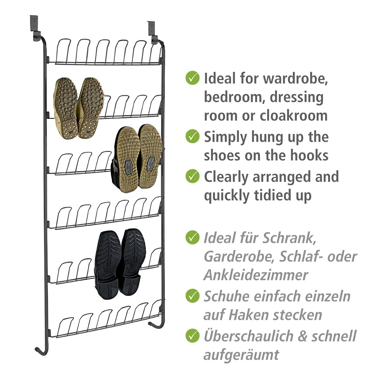WENKO Scarpiera per sportello, scaffale con 6 ripiani per 18 paia di scarpe da appendere allo sportello, conservazione e organizzazione in tutta la casa, 59 x 151 x 14 cm, metallo rivestito a polvere