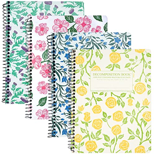 Decomposition 4-Pack Flowery Bouquet College Ruled Spiral Notebook - 9.75 x 7.5 Journal with 160 Lined Pages - 100% Recycled Paper - Cute Notebooks for School Supplies, Home & Office - Made in USA