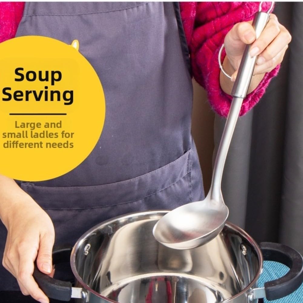 Juego de utensilios de cocina de acero inoxidable, 7 piezas con estante de almacenamiento, herramientas de cocina resistentes al calor con asas antideslizantes para freír y freír