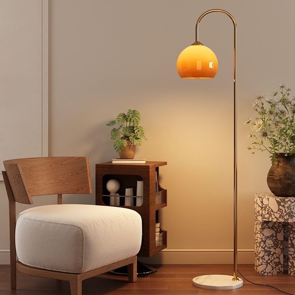 Klkrzjwy Gold Nordic Globe Glass Floor Lamp 63" Arc Floor Light Marble Base Tall Lamp With E26 Dimmable Orange Glass Standing Fixtures For Living Room Sofa Area Bedroom Study Villa