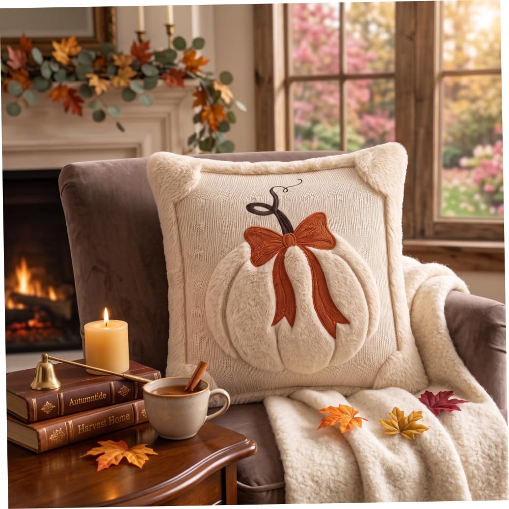 18x18" Quilted Pumpkin Bow Halloween Pillow Cover, Decorative Throw Pillow Cover Beige