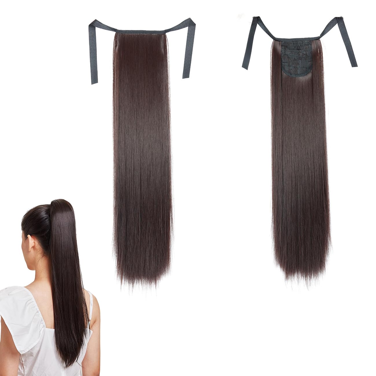 prinfantasy 22 inch Hair Extensions Long Straight Ponytail Wrap Around Synthetic Halo Hair Extensions Pony Tail Hairpiece for Brown,GBMW034