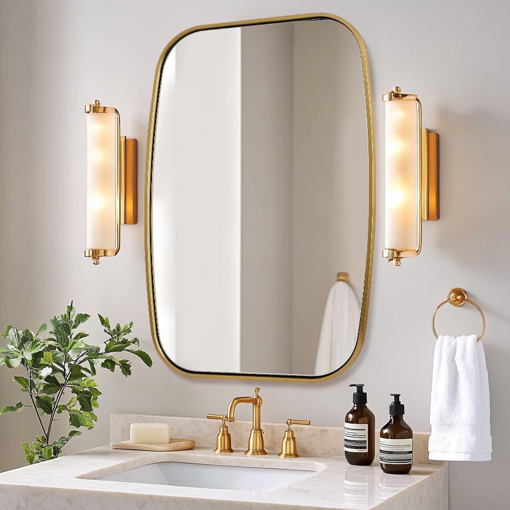 ANDY STAR Brushed Gold Square Oval Bathroom Mirror, 24x32 Inch Brass Oblong Mirrors for Wall, Modern Vanity Mirror in Stainless Steel Metal Squoval Tube Frame, Wall Mount Horizontal or Vertical