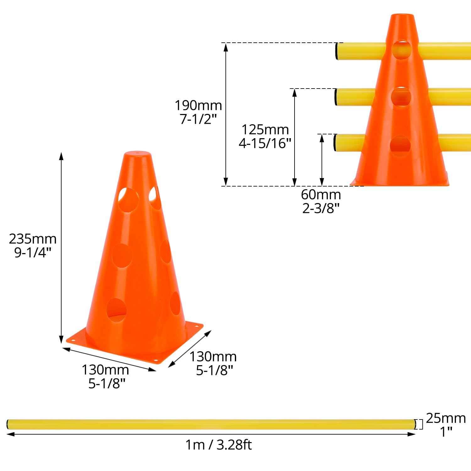 QWORK® Sports Haies Set 12 cônes + 6 Barres agilité, 23 cm de Hauteur, 100 cm de Longueur, Ensemble de Haies pour l'entraînement de Coordination