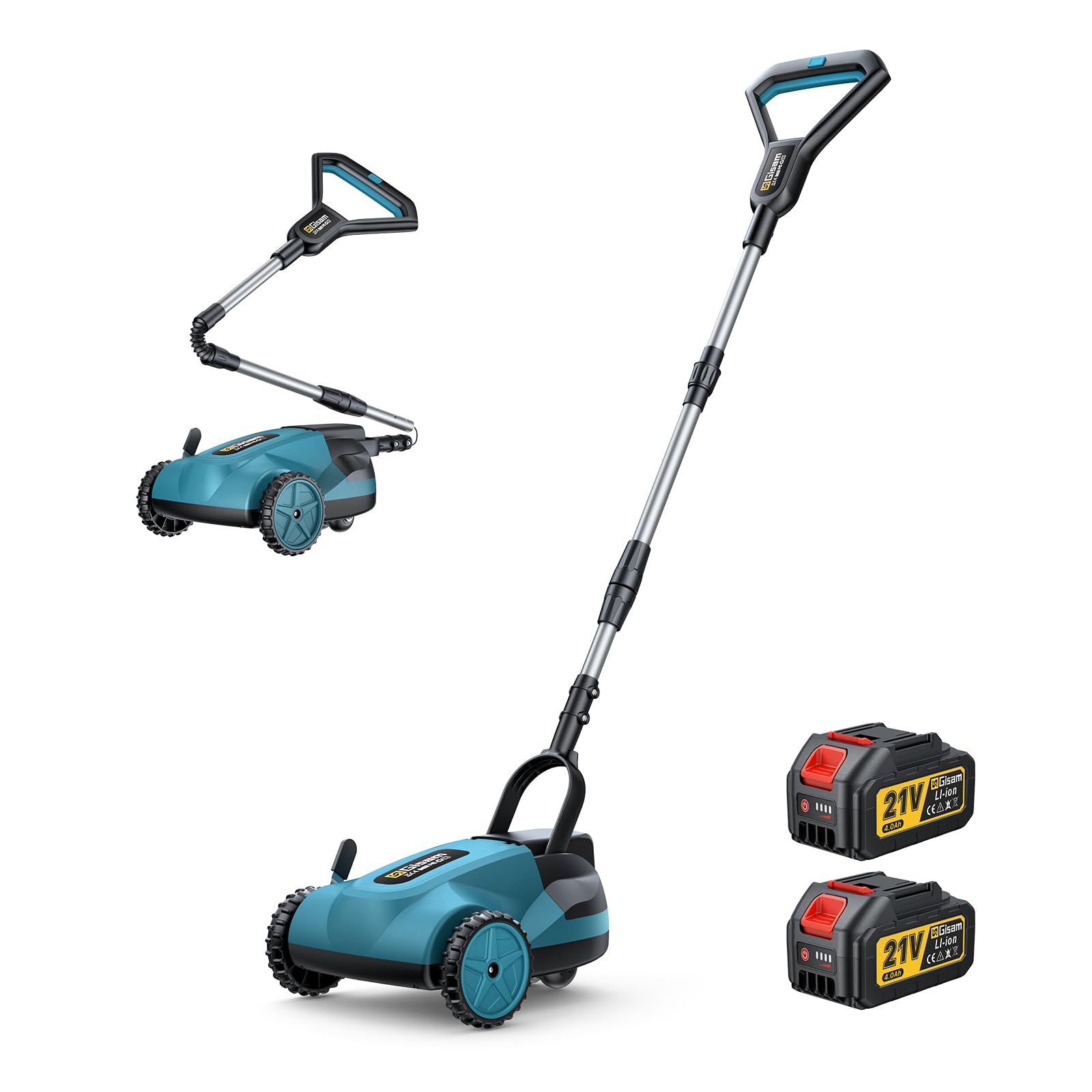 Gisam 10" Akku-Rasenmäher Fertigset,Handrasenmäher,für Rasenflächen bis 80 m²,Bürstenloser Motor,3 Schnitthöhen (1.02"-2.2"), 2 * 4,0ah Akku,Safe Tilt 20°-70°für Kleine Höfe