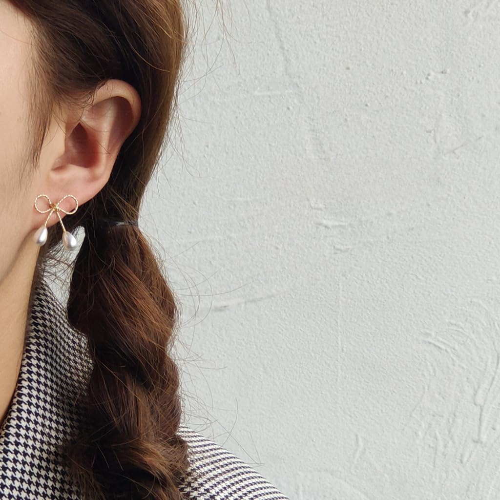 Ribbon Pearl Drop Earrings for Women Sustainable 14K Gold Plated Recycled Brass 925 Sterling Silver Posts Faux Pearls Bowknot Design 17mm