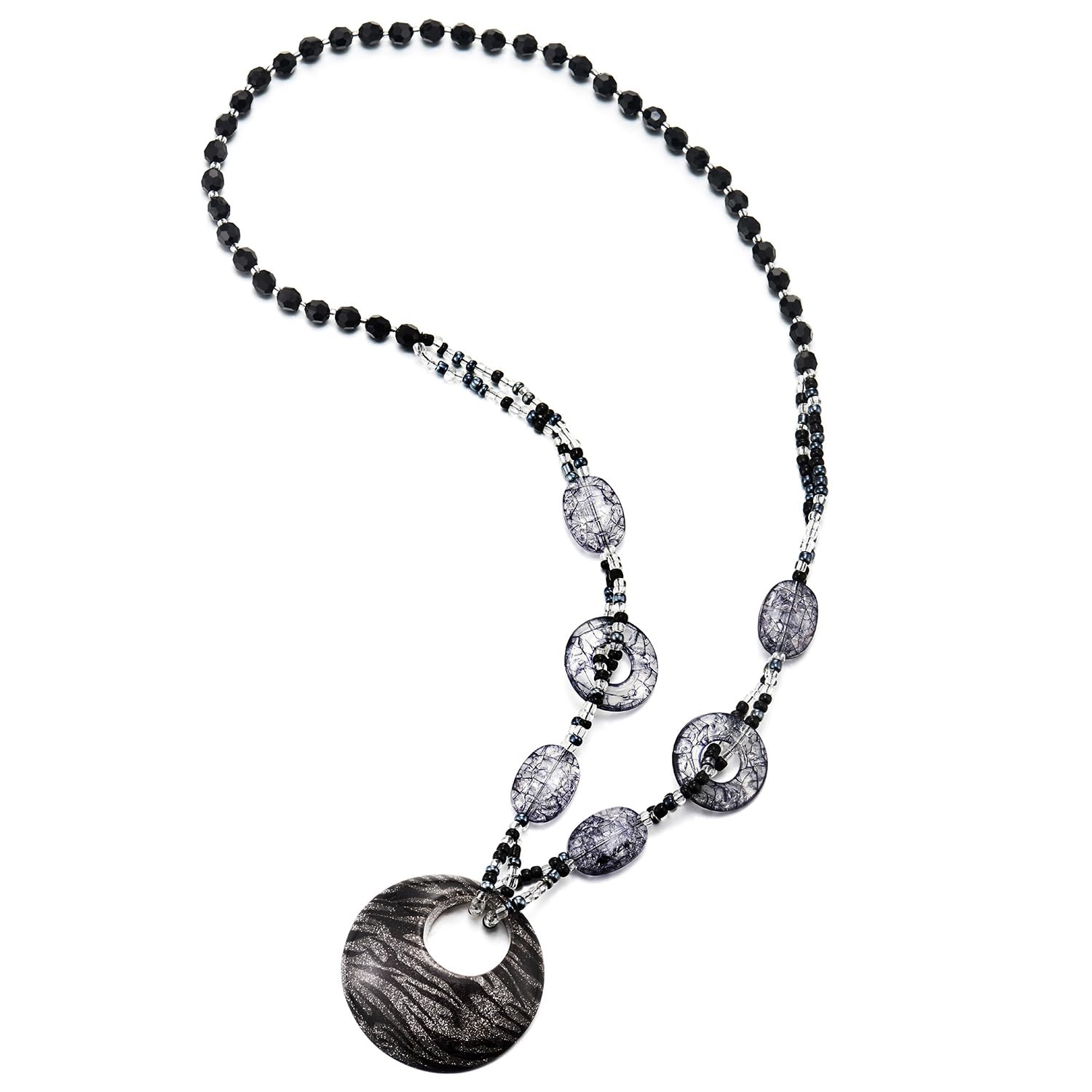COOLSTEELANDBEYOND Grande Statement Collar, Largo Perla Cadena Piedras, Círculo Colgantes Resplandecer Resina Animal Impresión, Negro