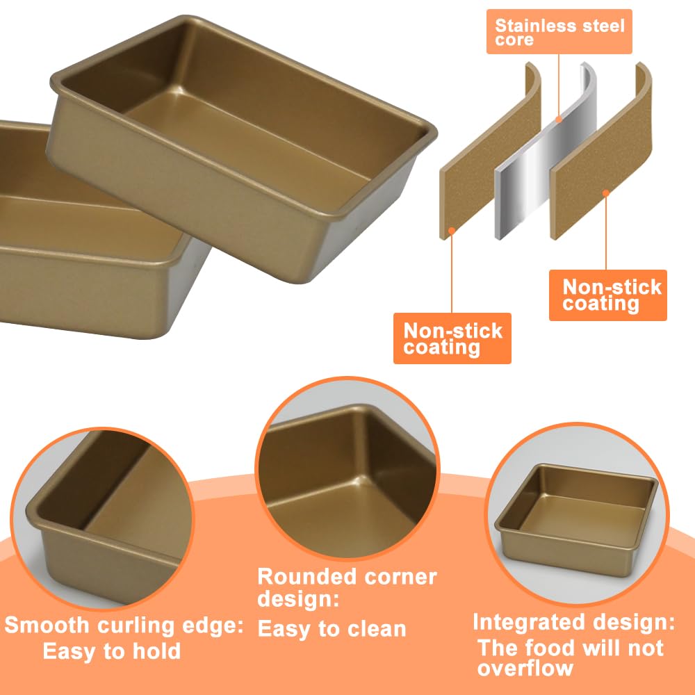 Set di 2 Teglie da Forno Quadrate Oro Quadrata Profonda Teglia da Forno Acciaio al Carbonio 15×15×4.5 cm Teglia quadrata con fondo removibile,Quadrata,per lasagna/torta/toast