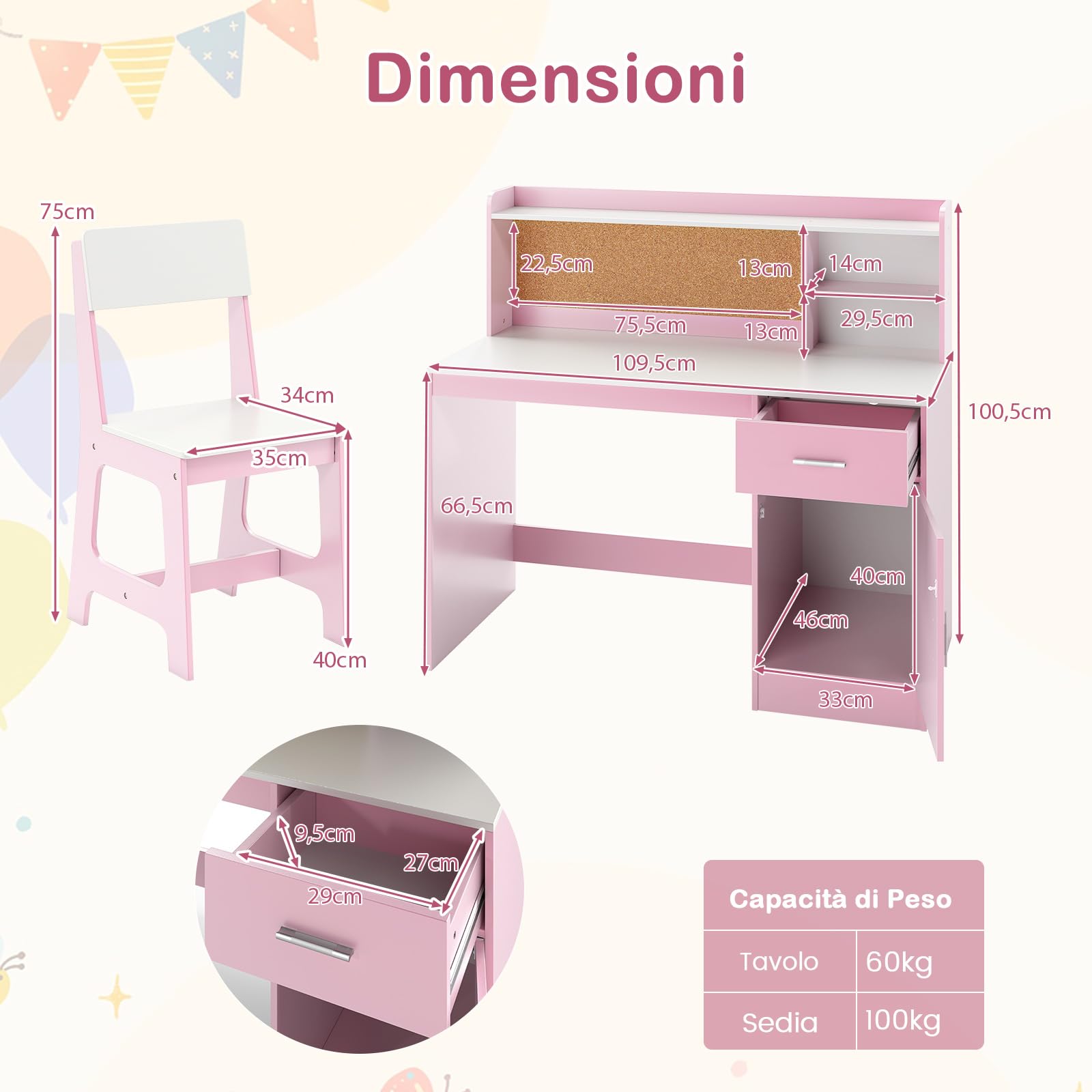 RELAX4LIFE Set Scrivania e Sedia per Bambini, Tavolo da Scrittura in Legno con Sedia, Ripiano, Bacheca, Cassetto, Armadio per Lettura, Disegno, Set di Tavoli da Studio per Bambini (Bianco+Rosa)