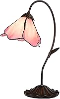 Bieye L10810 Pink Flower Tiffany Stained Glass Table Lamp - 8-Inch Bent Glass Shade, Lily Pad Base, Handmade Decor