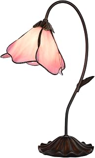Bieye L10810 Pink Flower Tiffany Stained Glass Table Lamp - 8-Inch Bent Glass Shade, Lily Pad Base, Handmade Decor