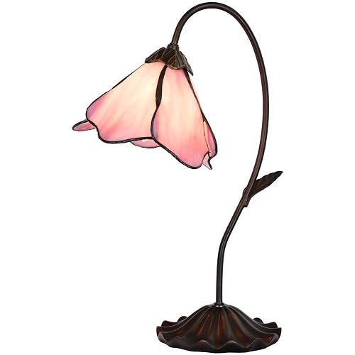 Bieye L10810 Flower Tiffany Style Stained Glass Table Lamp with 8-inch Wide Bent Glass Lampshade Lily Pad Base (1-Light, Pink) - 1-light - Pink