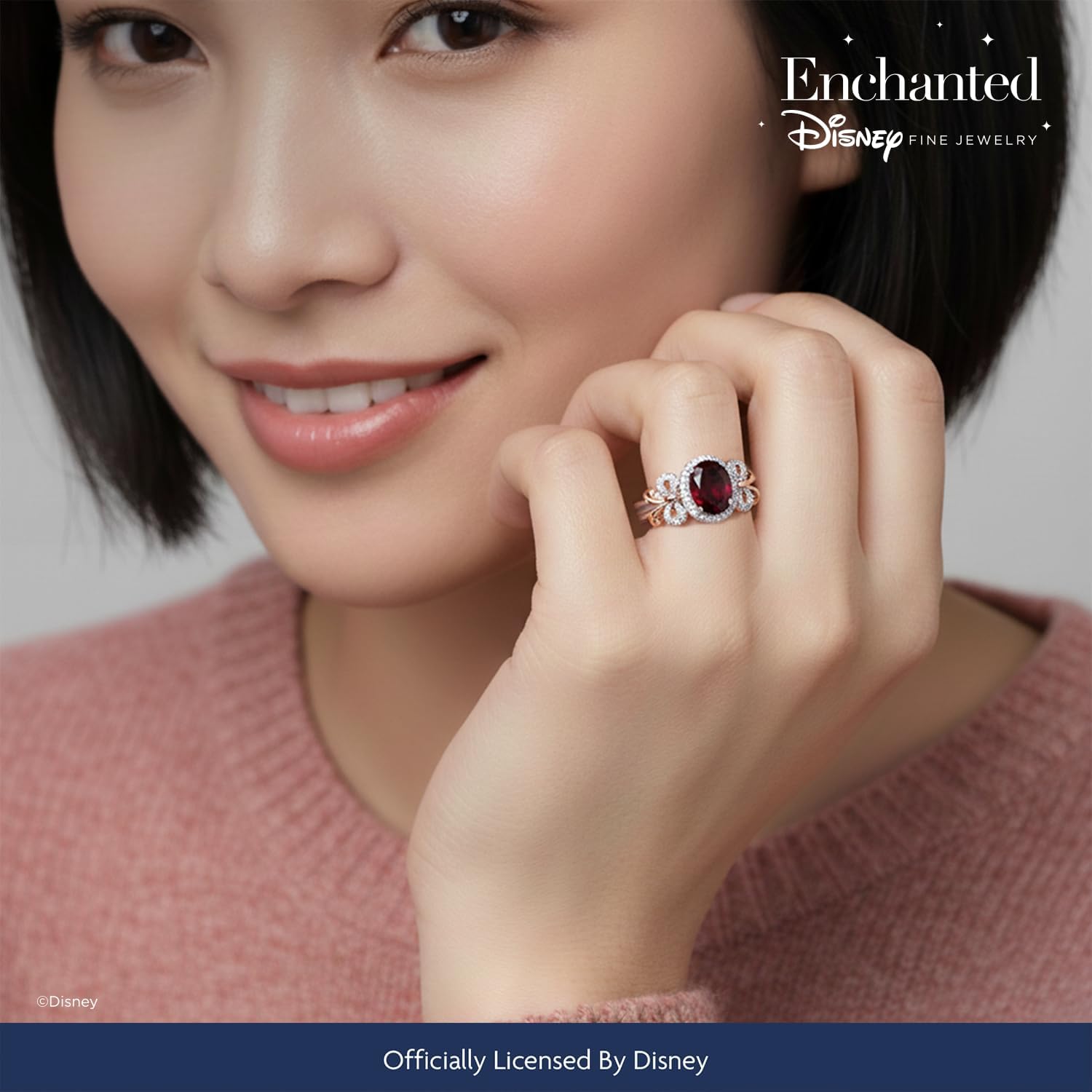 Jewelili Enchanted Disney Fine Jewelry 14K Rose Gold Over Sterling Silver 8x6 MM Oval Shape Red Garnet and 1/6 Cttw Natural White Round Diamonds Snow White Bow Ring