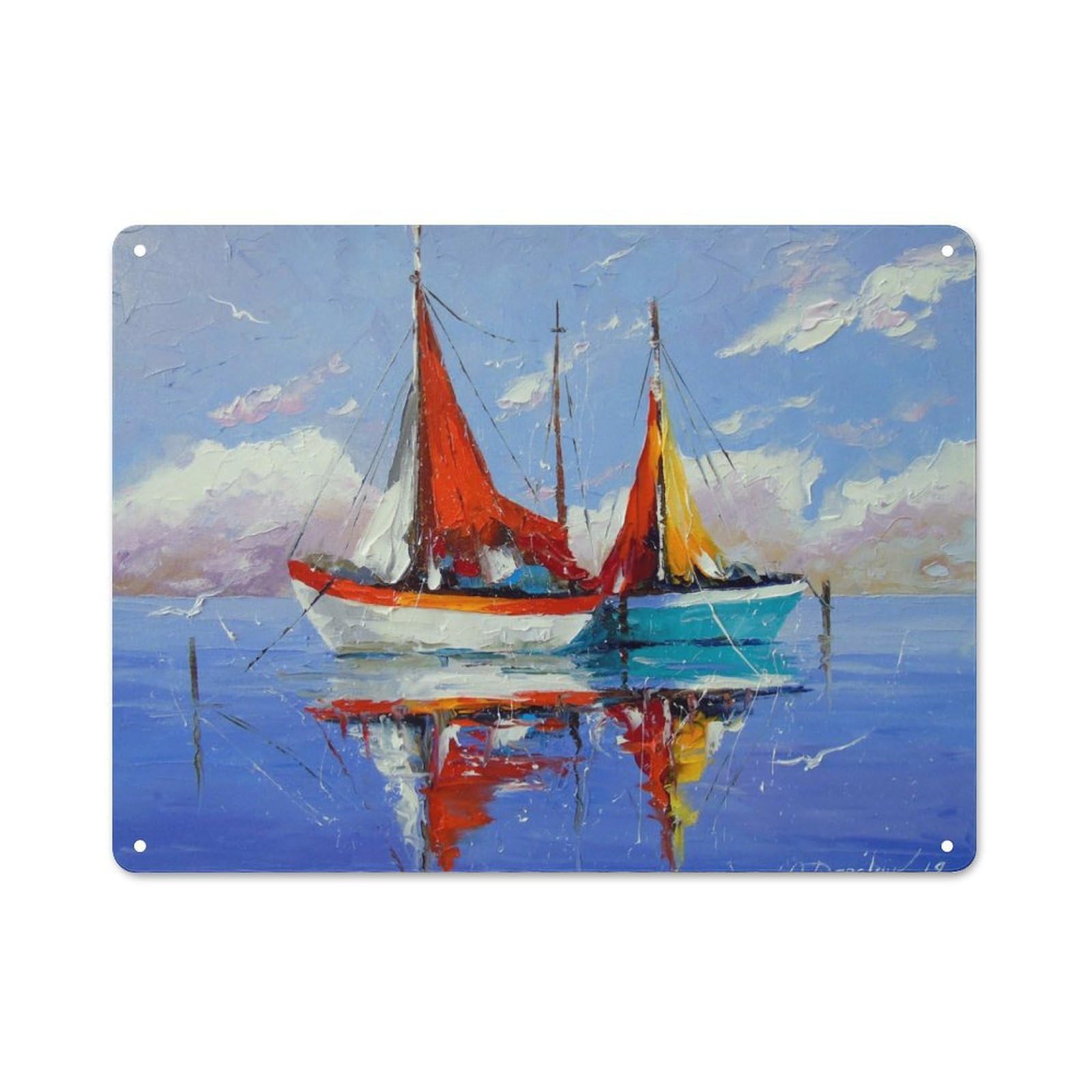 Junmoney Style-6-5 Sailboats Anchored Loft Style Metal Wall Decor 30X40cm, Decorative Metal Plaque For Loft, Studio, Office Or Creative Room