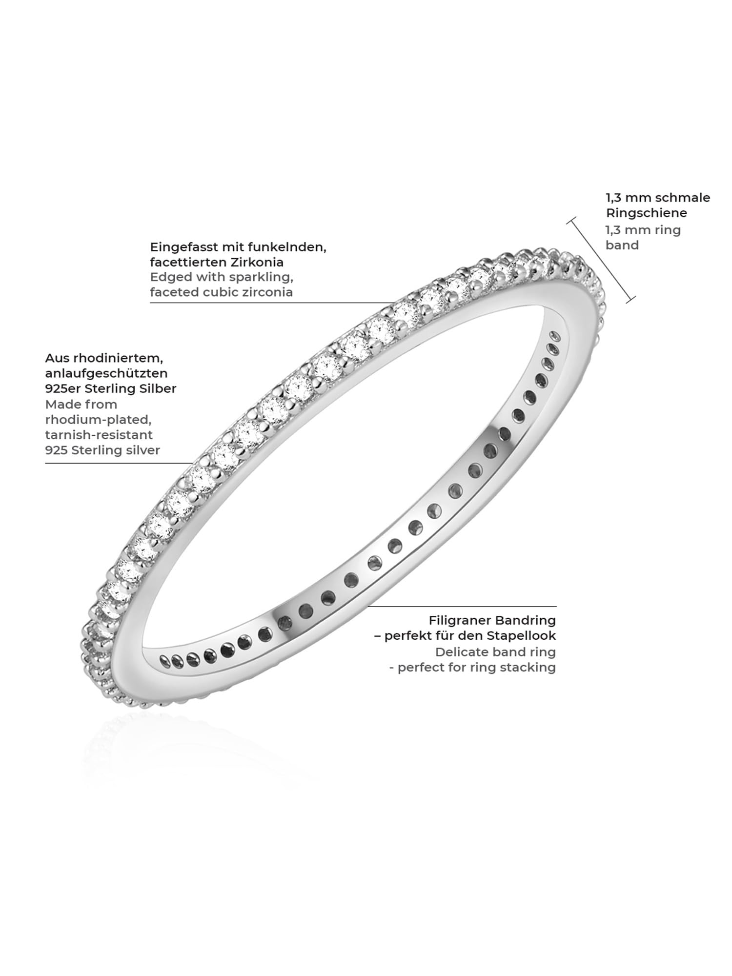 GLANZSTÜCKE MÜNCHEN Damen Ring aus 925/- Sterling Silber mit Zirkonia Weiß | dünner Memoirering,Stapelring,Vorsteckring,filigran,Silberring mit Steinen,Bandring,Ringbreite 1,3 mm