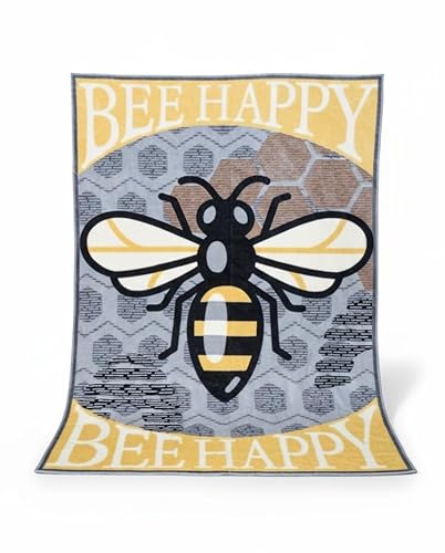 Bee Happy Luxury Throw Blanket, Grey and Yellow Design, Super Soft Polyester. 150x200cm. Decorative Honeybee Pattern