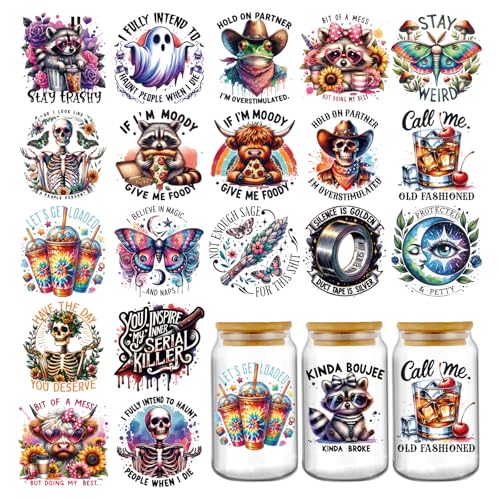 Funny UV DTF Stickers - 20 Sheets Cute Highland Cow Raccoon UV DTF Cup Wraps for 16 20 oz Glass If Im Moody Give Me Foody Fun Ghost Skull Butterfly Transfer Sticker Decal DIY Water Bottle Decoration