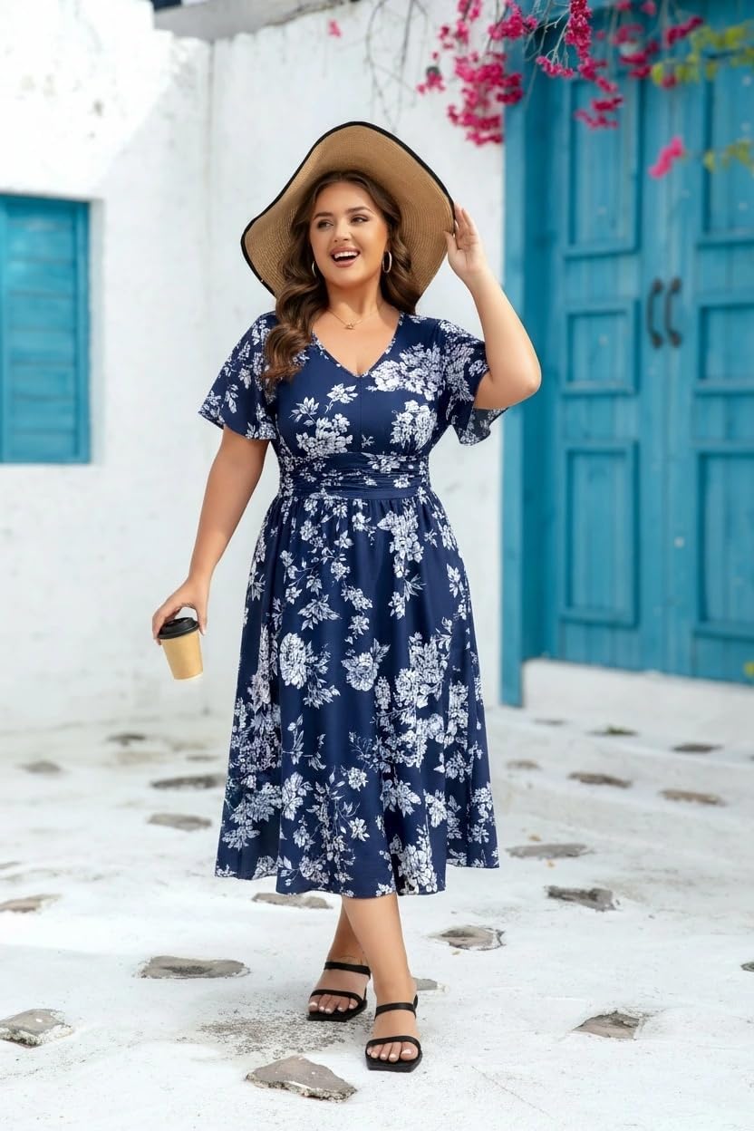 Women's Plus Size Summer V Neck Long Dresses Short Sleeve A Line Ruffle High Waist Flowy Casual Dress - Image 2