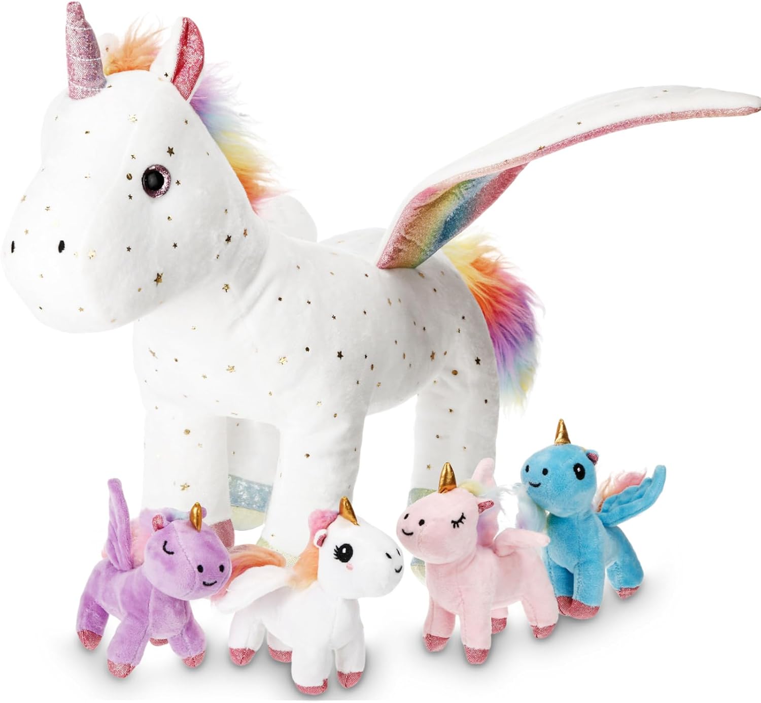 5 Pcs Fly Unicorns Plush Toy Gift Set 15.7" Mom Unicorns with 4 Cute Babies Stuffed Animal in Zippered Back Nurturing Plushies Toy Set for Kid Adults Birthday Party Favors Gifts