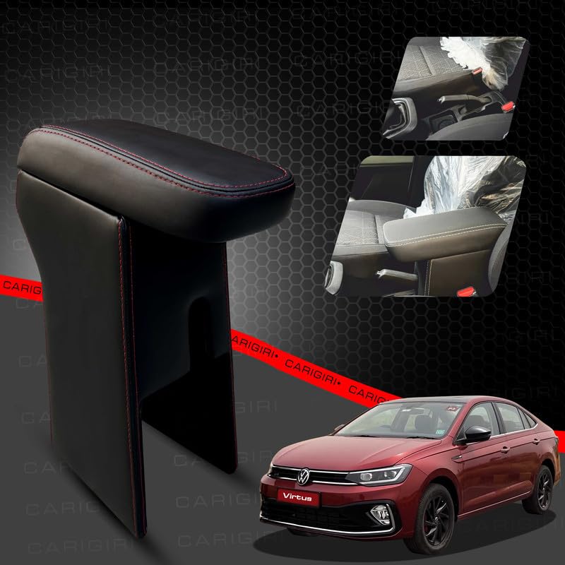 Image of Carigiri Premium Finish Car Armrest with Storage Box And High Density Moulded Foam For Volkswagen Virtus (Black With Red Seam,Nappa Leatherette)