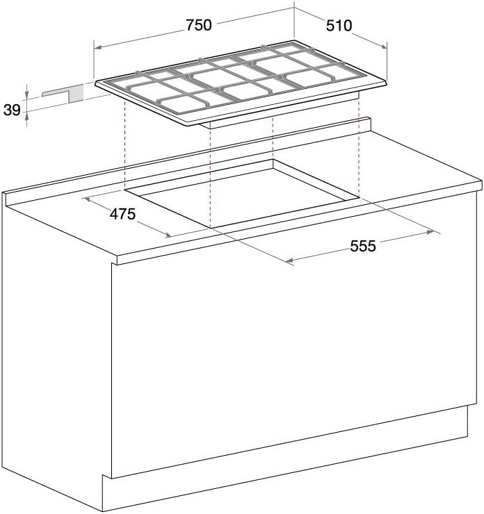 Technical drawing with dimensions for Hotpoint Ariston PCN752TIXHA gas hob