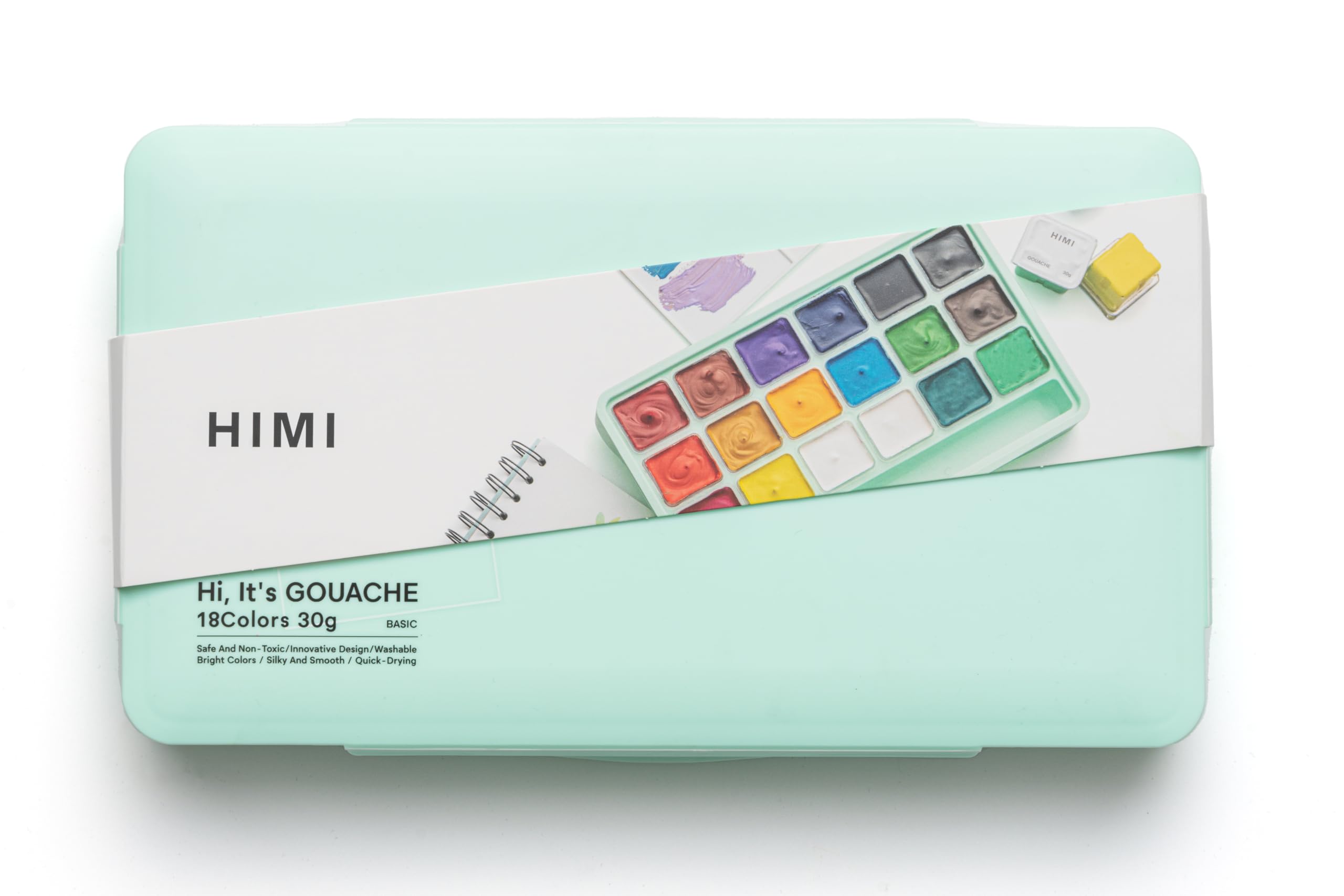 HIMI Jelly Cup Gouache Set 18 Paint Colours, Green Case, Add Water to Reactivate, Smooth, Rich Colours, Gift, Artist Art Supplies, Large Scale Art Work to Fine Details, Ready to Use Gouache Colors