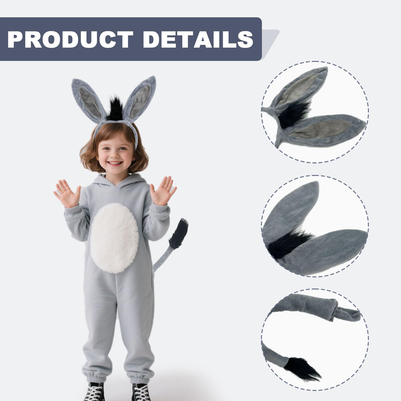 FUIPVGI Set di 4 costumi da asino con orecchie e coda, per cosplay, travestimento da asino, fascia con orecchie, per carnevale, feste di Halloween, Giornata mondiale del libro