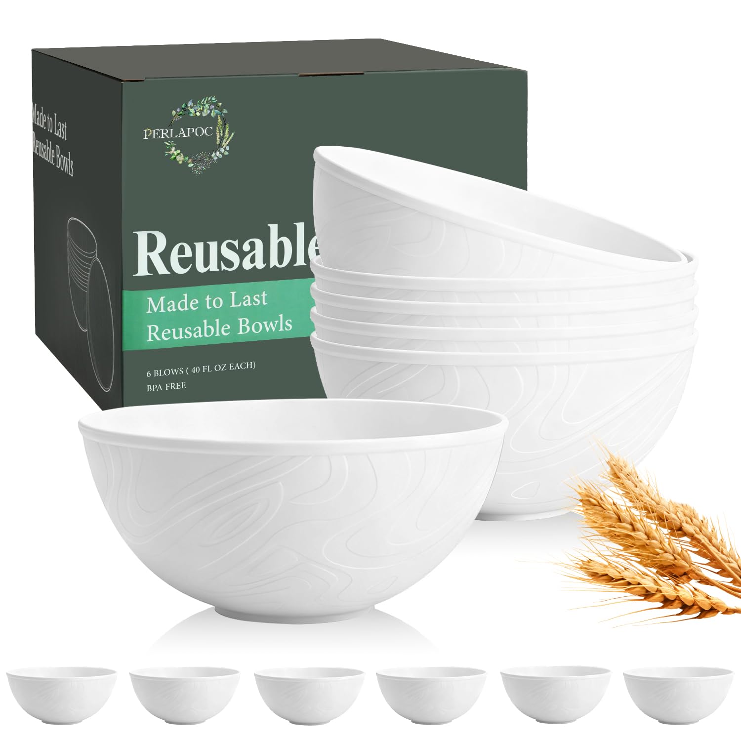 Wheat Straw Cereal Bowls 40 OZ, Unbreakable Bowls Set of 6, Microwave &amp; Dishwasher Safe Bowl for Kitchen, Reusable Plastic Bowl for Cereal, Soup, Salad and Ramen, White