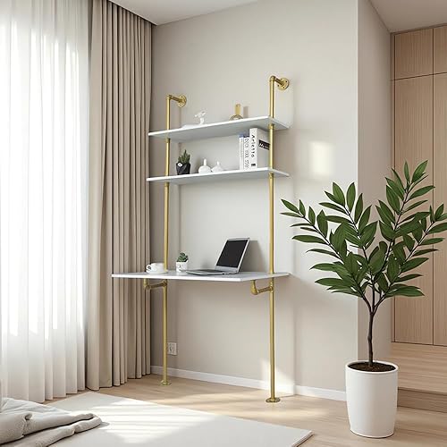 MAIKAILUN Escritorio blanco y dorado, escritorio de escalera de 36 pulgadas, montaje en pared, mesa de escritura para computadora, estante de