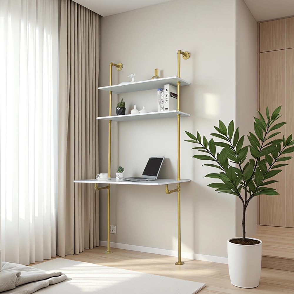 MAIKAILUN White and Gold Desk, 36" Ladder Desk, Wall Mount Computer Writing Table Pipe Shelf Shelving Mini Narrow Industrial Modern for Small Spaces(36x20x81)