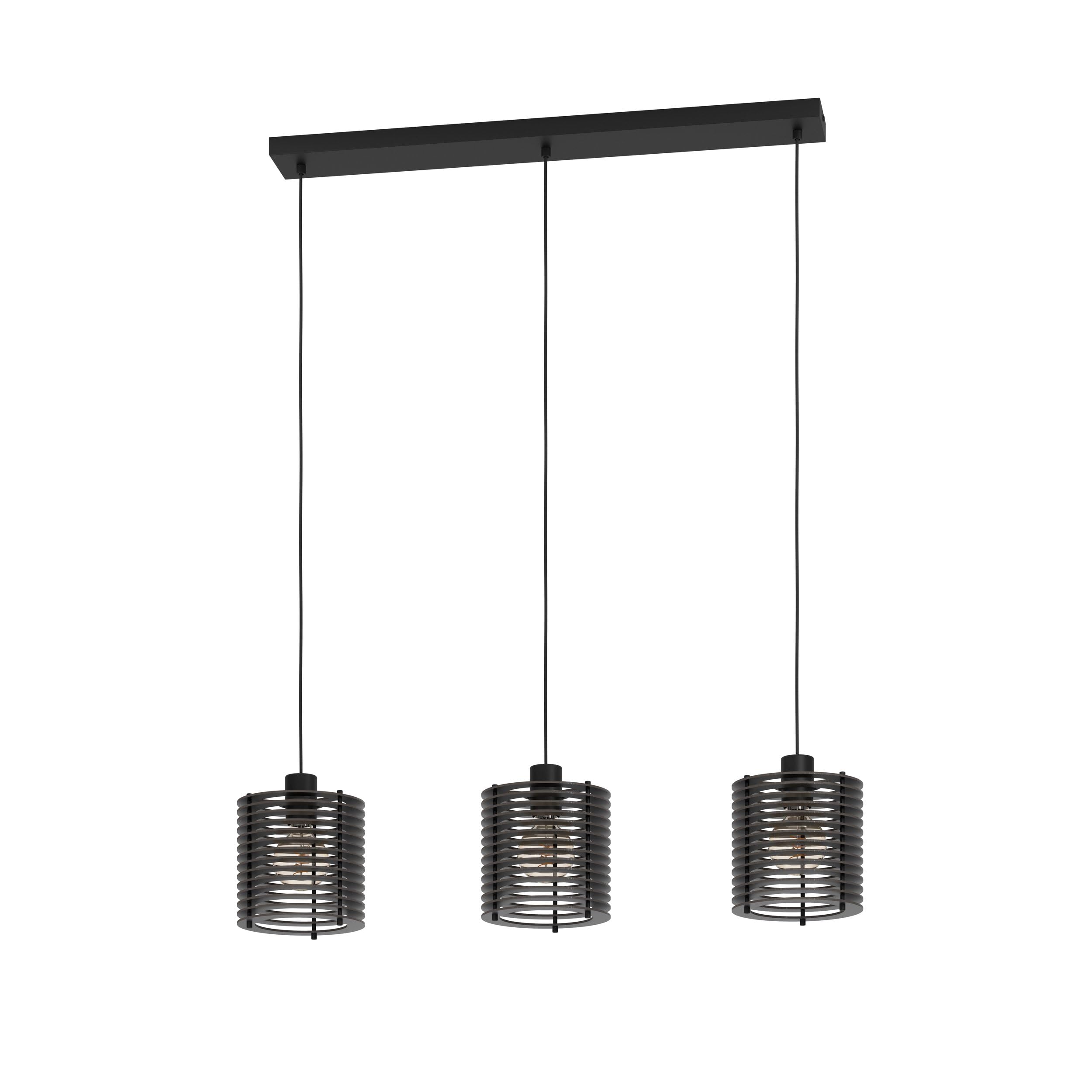 Eglo Pendant Lighting Segovia, 3 lamp Ceiling Light Fitting, Hanging lamp for Dining and Living Room, Black Metal and Wood, E27 Socket, 35 in
