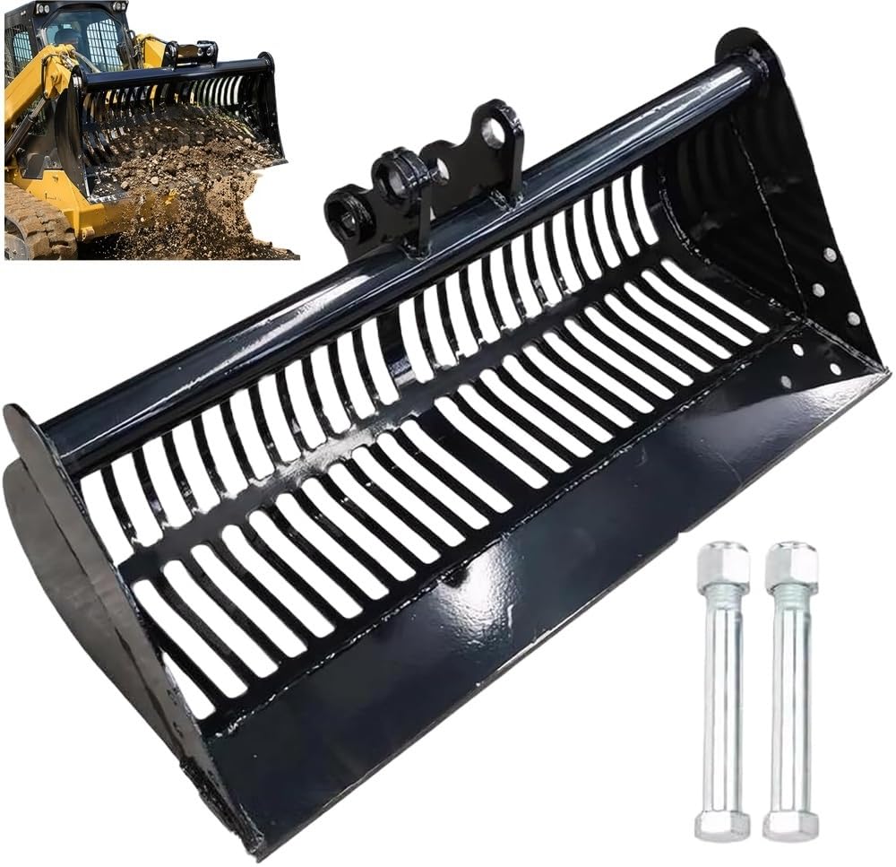 Sieblöffel für Minibagger 600 mm, Skelettlöffel Bagger Anbaugerät zum Sieben, Sortieren und Filtern von Erde, Kies und Bauschutt inklusive Bolzen