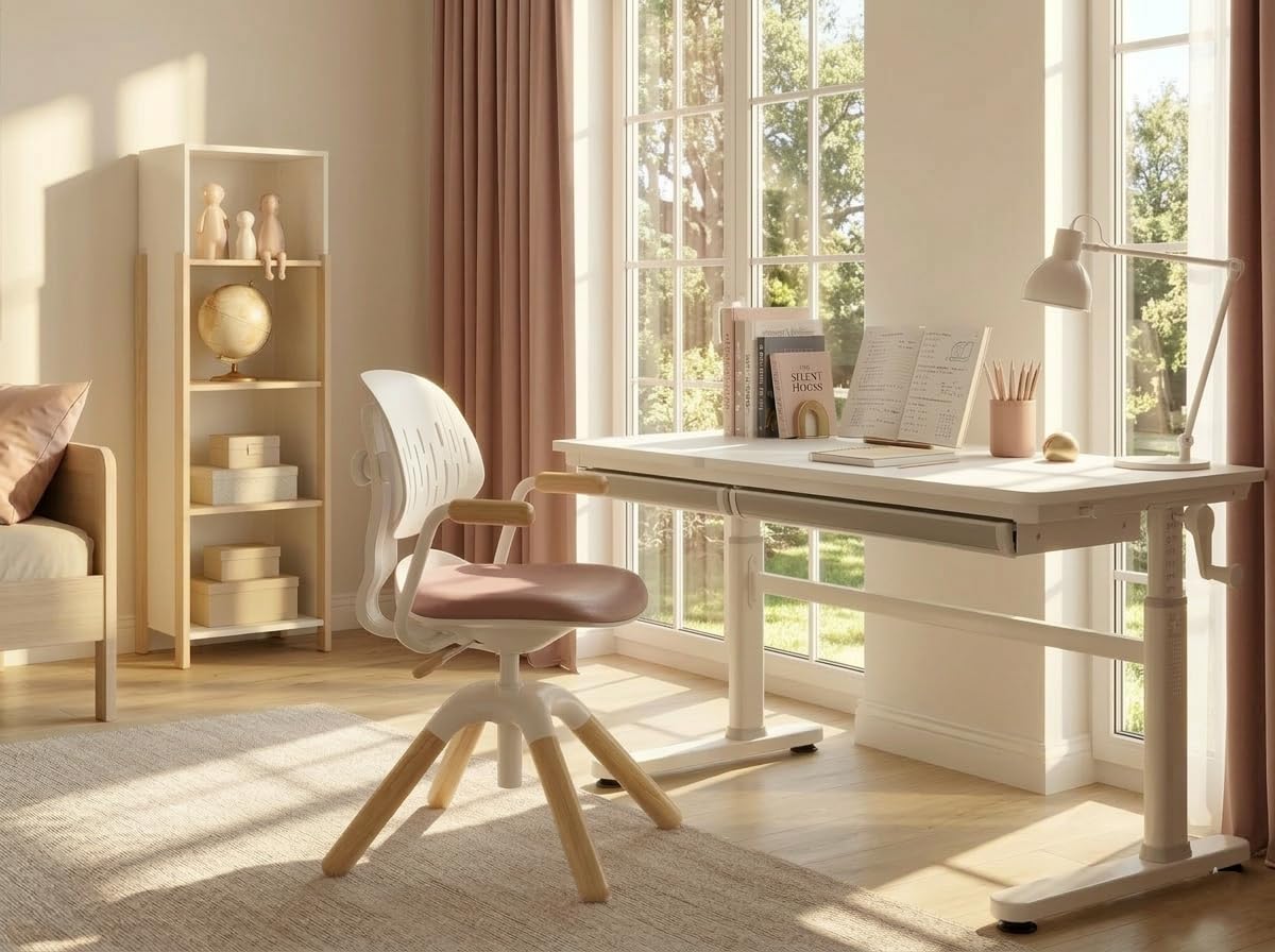 HOKO Kinderdrehstuhl höhenverstellbar, Jugendstuhl ohne Rollen, bis 120 kg | dynamisch mitbewegende Rückenlehne, Sitzhöhe von 40-50 cm, 360° drehbar, 30° neigbar, für Kinder ab ca. 125 cm, Rosa, LAURA