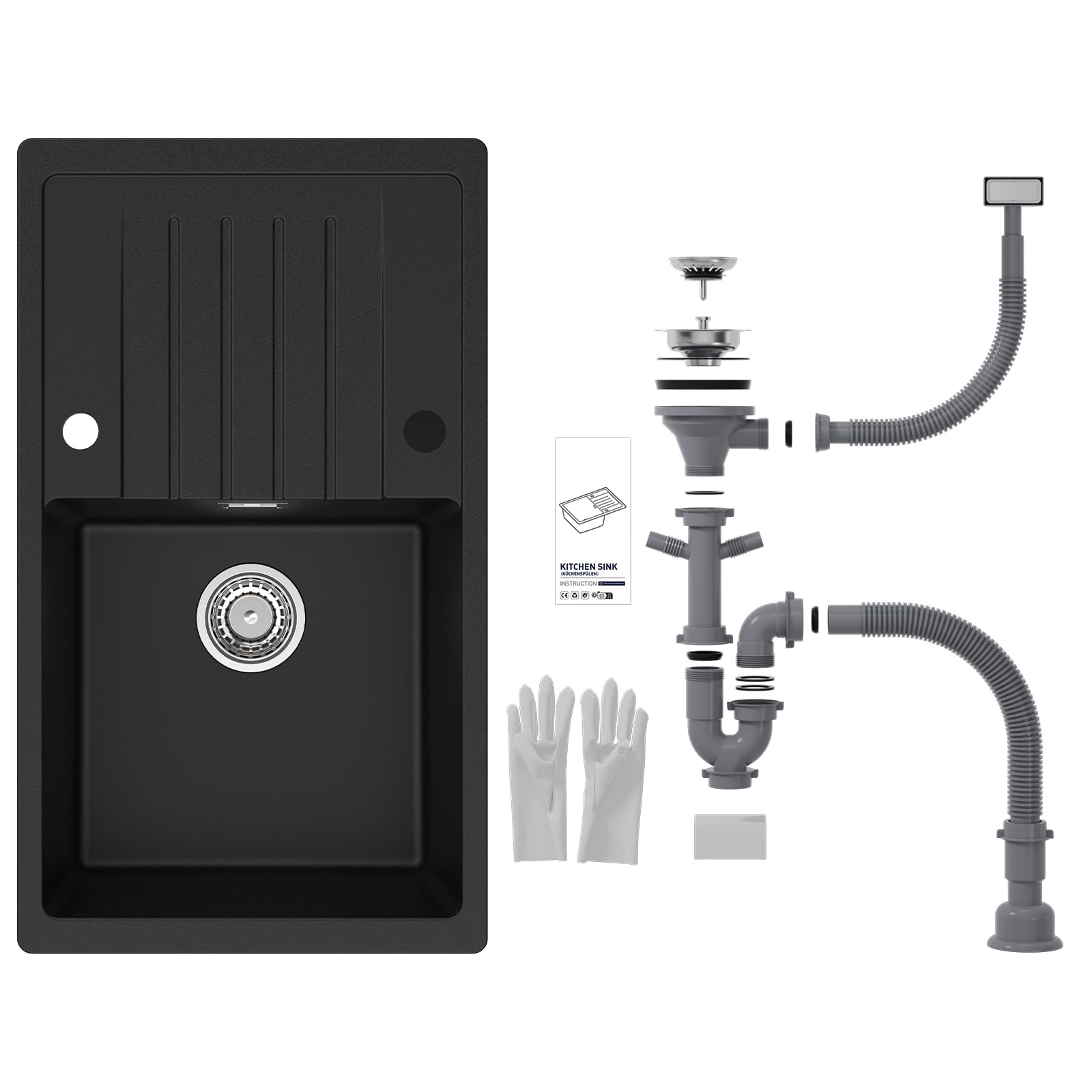 CECIPA Évier de Cuisine 1 Bac en Granit Noir 78 x 45 cm, 80% Sable Quartz Résistant à l'usure et aux chocs, Évier Cuisine Installation Réversible, avec Kit de Vidage