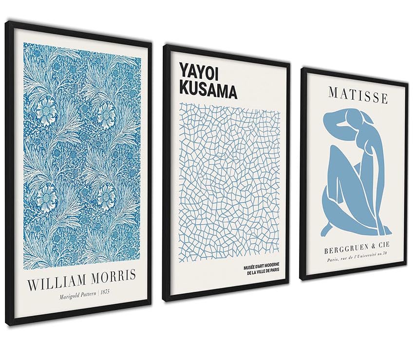 ag.art deco Pack of 3 Wall Art 40x50cm Black Frame Wall Decor Modern Design, Vintage Blue Abstract