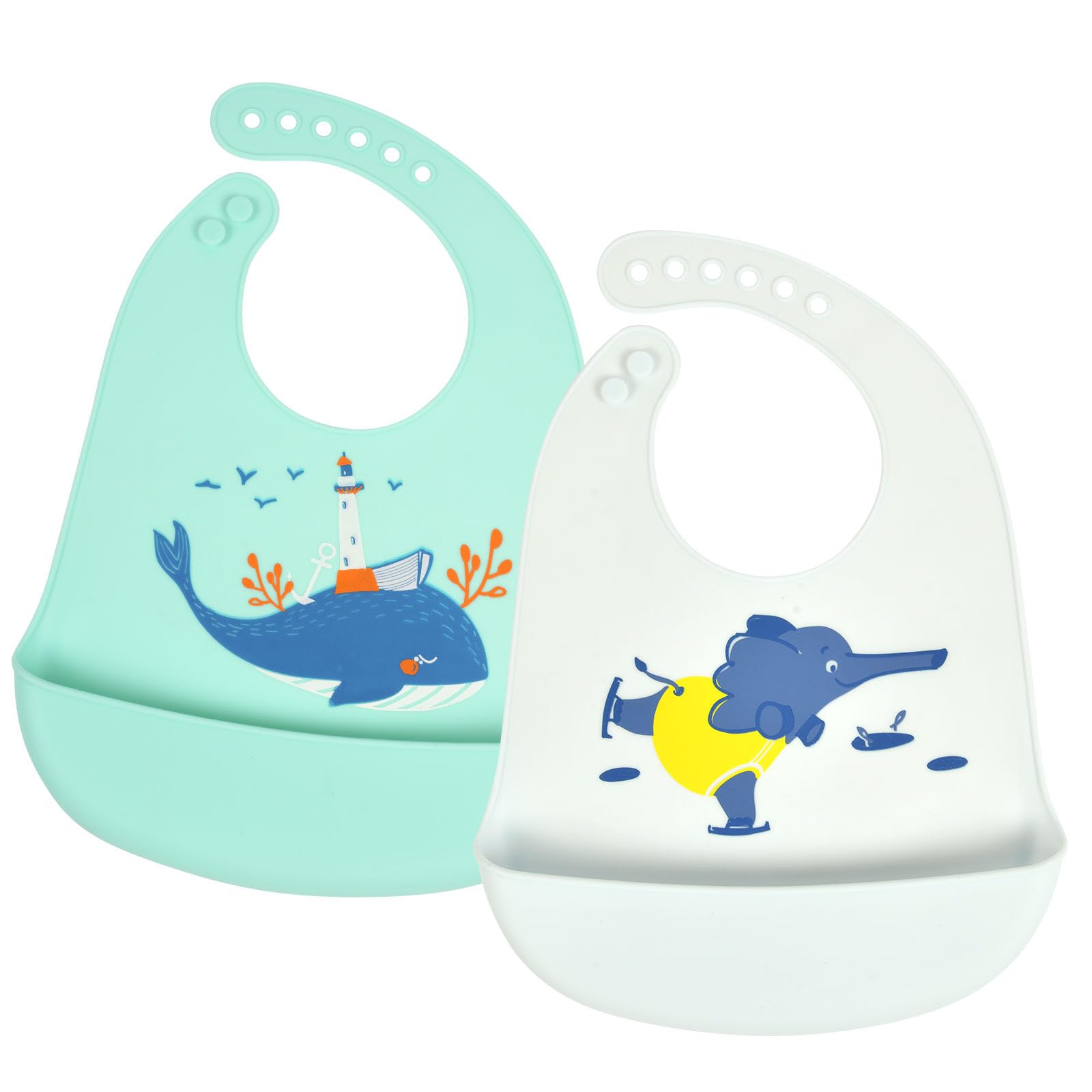 Vicloon Silicone Baby Bib, 2PCS Baby Weaning Bibs, Adjustable Waterproof Baby Feeding Bibs with Food Catcher Pocket, Unisex Soft and Easily Wipe Clean for Infant Toddler, Elephant & Whale — image 1