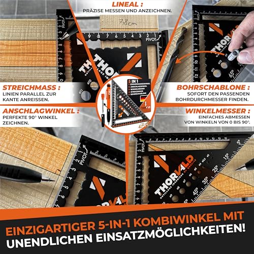 THORVALD Zimmermannswinkel 5-in-1 - Winkelmesser Anschlagwinkel + Tieflochmarker - Aluminiumwinkel mit 180 mm Schenkellänge zum präzisen Anreißen & Zeichnen/Multifunktional Perfekt um Zeit zu sparen