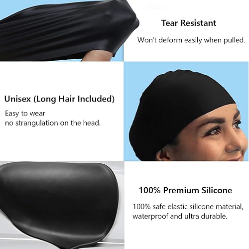 Miniatura 5 de Gorro de natación de silicona para adultos, 2 paquetes, gorra de natación de alta elasticidad que mantiene el cabello limpio y transpirable, ajuste