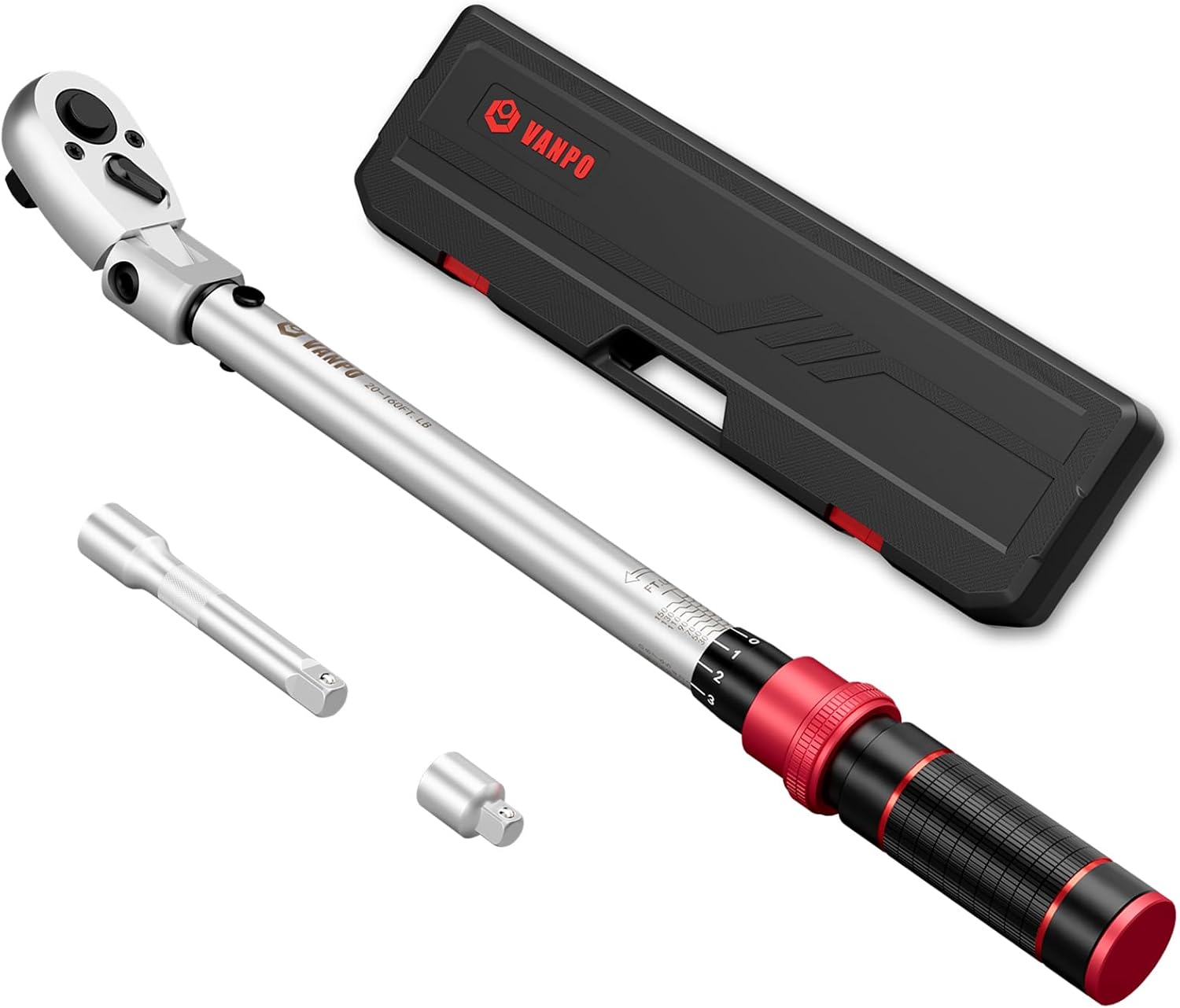 VANPO Flex Head Torque Wrench, 20-160 Ft.lb/27.1-217 Nm, 1/2-Inch Drive Click Torque Wrench, Dual Range Scales 72-Tooth Adjustable Torque Wrench with 1/2'' to 3/8'' Adapter, 125 mm Extension Bar 1/2-inch Drive 20-160 Ft.lb/27.1-217 Nm