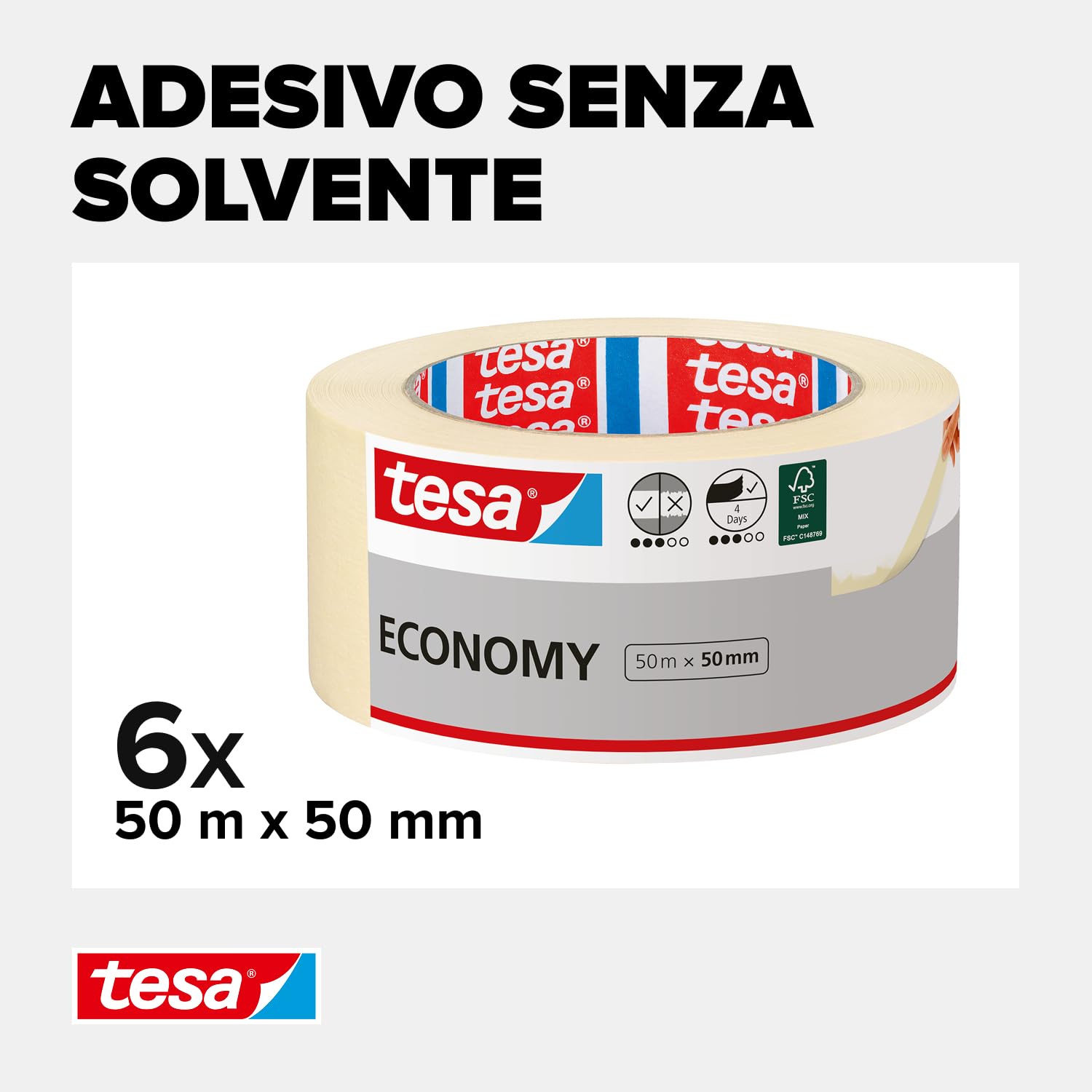 tesa Nastro per Mascheratura ECONOMY EcoLogo - Nastro in Carta per Mascheratura, Rimozione senza Residui per 4 Giorni, senza Solventi - Sottile, 6x 50 m x 50 mm