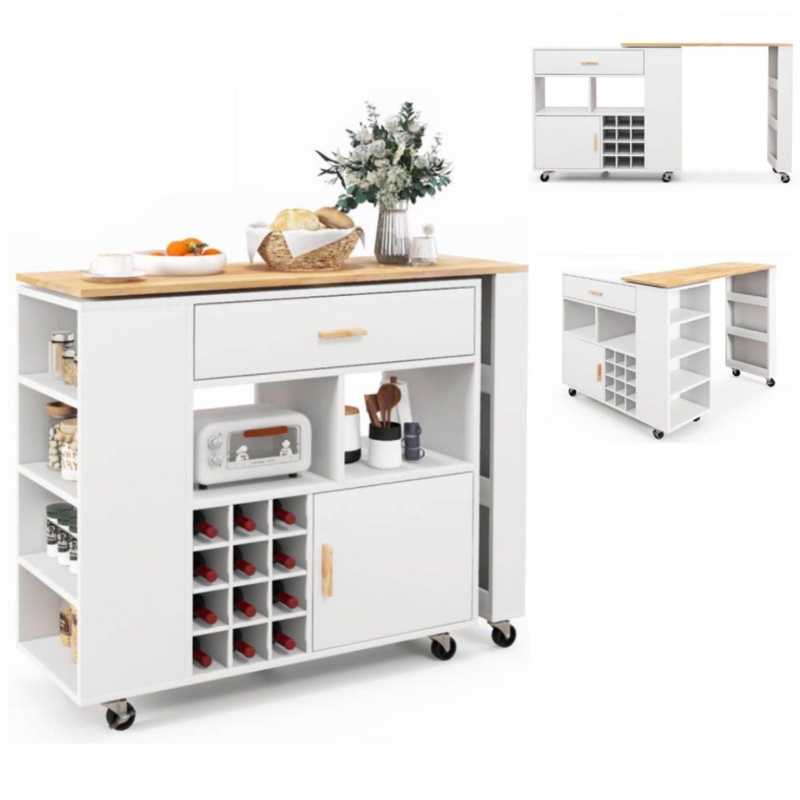 GiantexUK Kitchen Island on Wheels, 2-in-1 Reversible Storage Trolley with Adjustable Shelf, Drawer, 12-Bottle Wine Rack, Rolling Utility Cart for Pub, Cafe and Dining Living Room, White